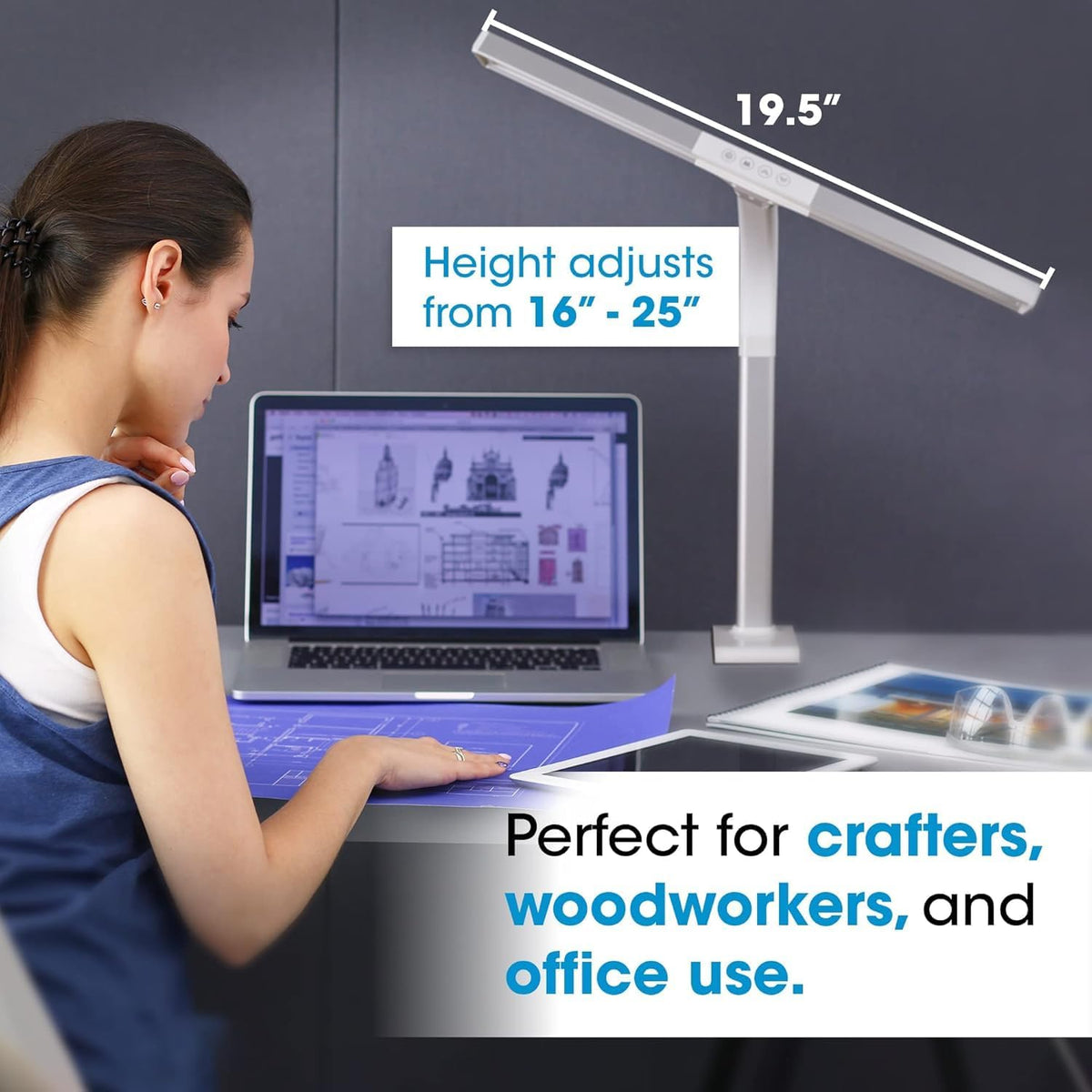 Extra Wide Area LED Clamp Lamp, 5 Light Levels, White and Silver