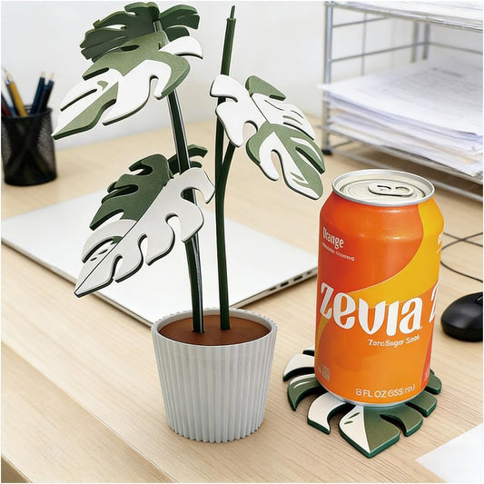 Monstera Plant Coaster Set 6 Leaf Coasters 3D Printed Modern Plant Decor Functional Home Decor Great for Desks Gift for Plant Lovers (White White)