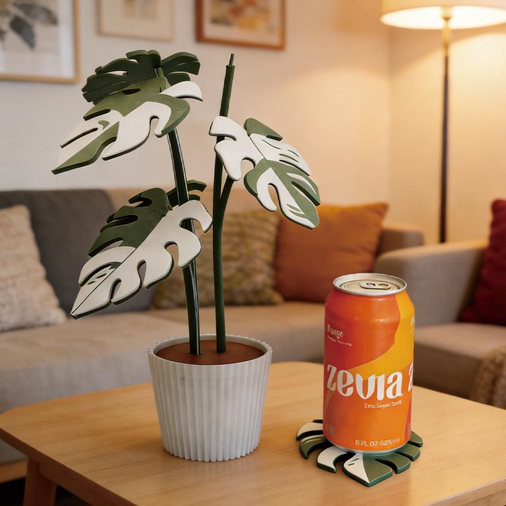 Monstera Plant Coaster Set 6 Leaf Coasters 3D Printed Modern Plant Decor Functional Home Decor Great for Desks Gift for Plant Lovers (White White)