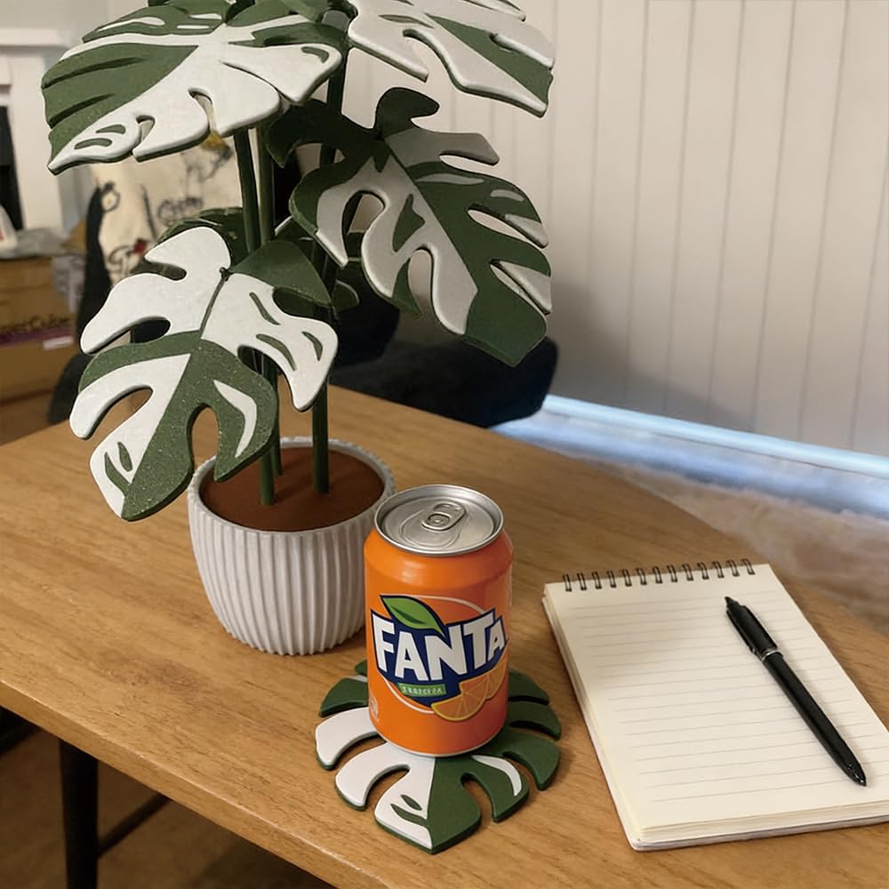 Monstera Plant Coaster Set 6 Leaf Coasters 3D Printed Modern Plant Decor Functional Home Decor Great for Desks Gift for Plant Lovers (White White)