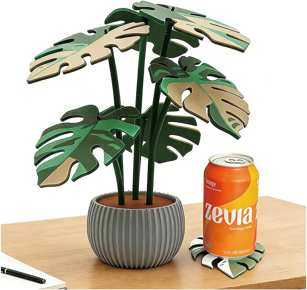 Monstera Plant Coaster Set 6 Leaf Coasters 3D Printed Modern Plant Decor Functional Home Decor Great for Desks Gift for Plant Lovers (White White)