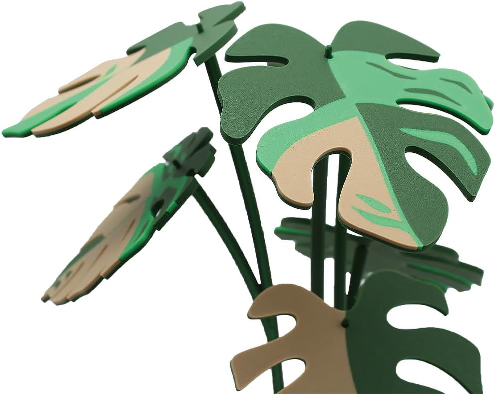 Monstera Plant Coaster Set 6 Leaf Coasters 3D Printed Modern Plant Decor Functional Home Decor Great for Desks Gift for Plant Lovers (White White)