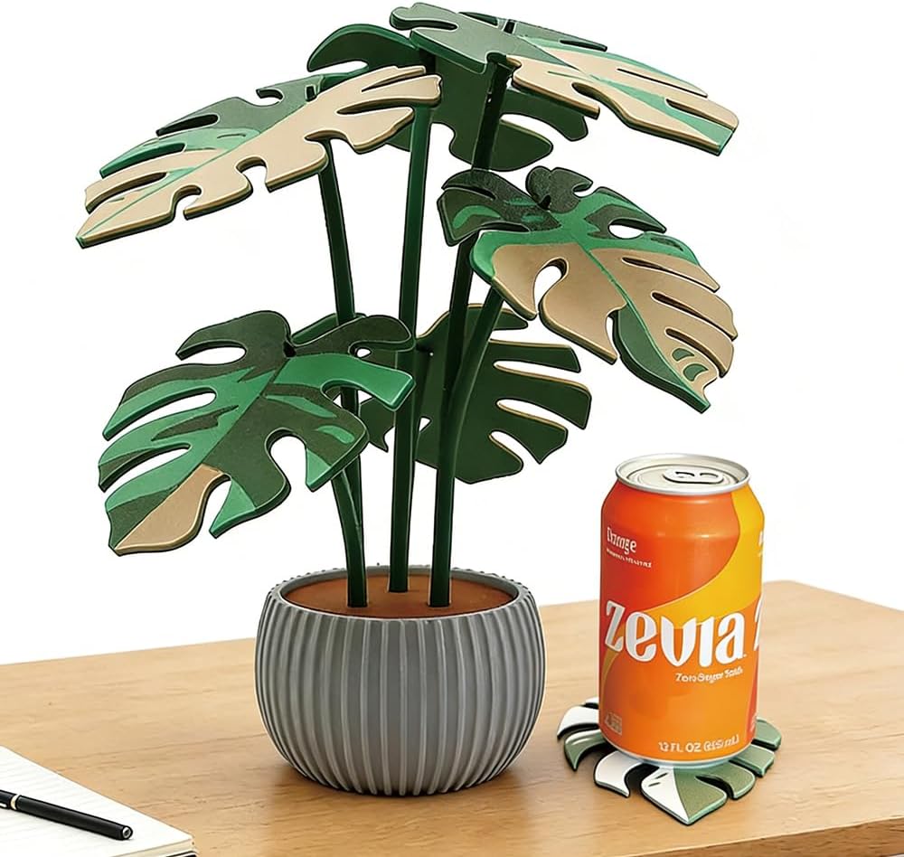 Monstera Plant Coaster Set 6 Leaf Coasters 3D Printed Modern Plant Decor Functional Home Decor Great for Desks Gift for Plant Lovers (White White)