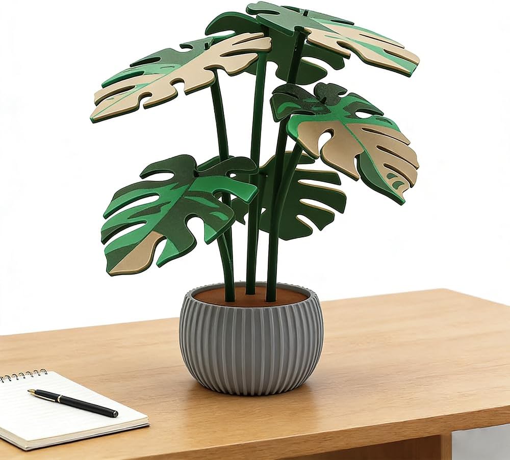 Monstera Plant Coaster Set 6 Leaf Coasters 3D Printed Modern Plant Decor Functional Home Decor Great for Desks Gift for Plant Lovers (White White)