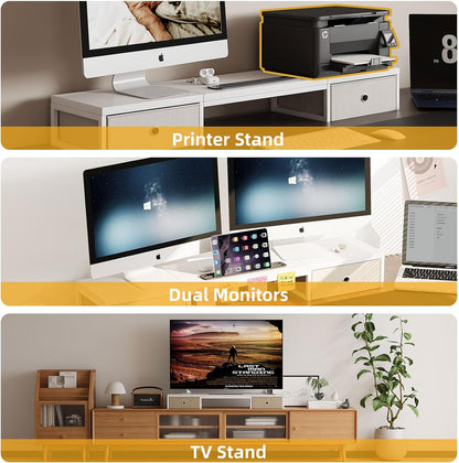 39 Inch Dual Monitor Stand Riser with 2 Drawers - Large White Wooden Computer Stand for 2 Monitors, Ergonomic Desk Organizer with Phone Holder, Desktop Storage for Laptop, Office Supplies, Home Office