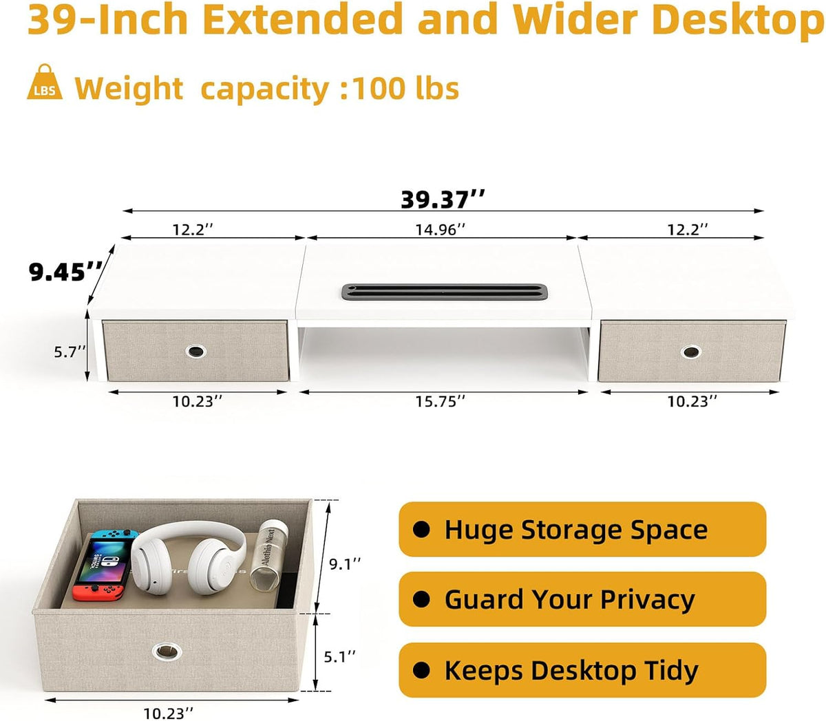 39 Inch Dual Monitor Stand Riser with 2 Drawers - Large White Wooden Computer Stand for 2 Monitors, Ergonomic Desk Organizer with Phone Holder, Desktop Storage for Laptop, Office Supplies, Home Office