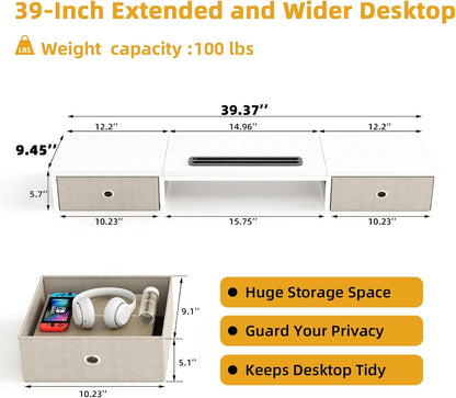 39 Inch Dual Monitor Stand Riser with 2 Drawers - Large White Wooden Computer Stand for 2 Monitors, Ergonomic Desk Organizer with Phone Holder, Desktop Storage for Laptop, Office Supplies, Home Office