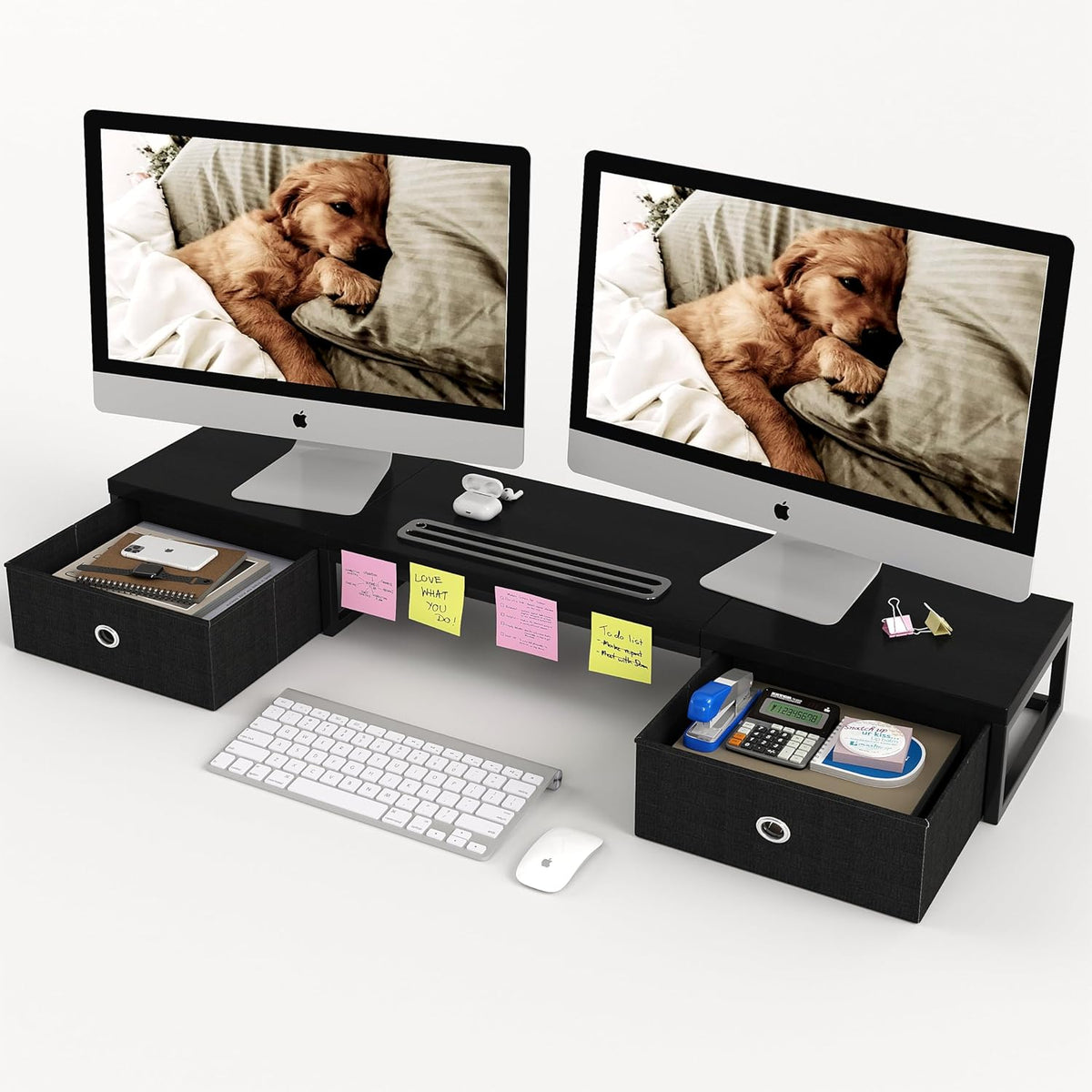 39 Inch Dual Monitor Stand Riser with 2 Drawers - Large White Wooden Computer Stand for 2 Monitors, Ergonomic Desk Organizer with Phone Holder, Desktop Storage for Laptop, Office Supplies, Home Office