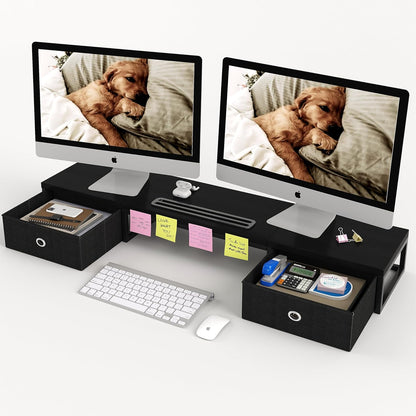 39 Inch Dual Monitor Stand Riser with 2 Drawers - Large White Wooden Computer Stand for 2 Monitors, Ergonomic Desk Organizer with Phone Holder, Desktop Storage for Laptop, Office Supplies, Home Office