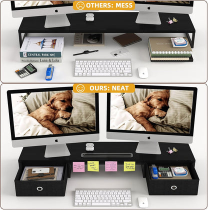 39 Inch Dual Monitor Stand Riser with 2 Drawers - Large White Wooden Computer Stand for 2 Monitors, Ergonomic Desk Organizer with Phone Holder, Desktop Storage for Laptop, Office Supplies, Home Office