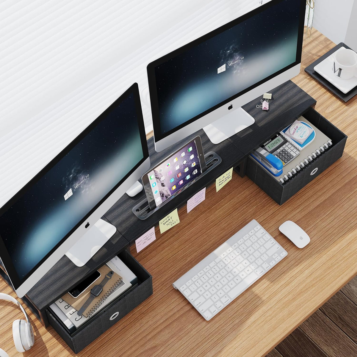 39 Inch Dual Monitor Stand Riser with 2 Drawers - Large White Wooden Computer Stand for 2 Monitors, Ergonomic Desk Organizer with Phone Holder, Desktop Storage for Laptop, Office Supplies, Home Office