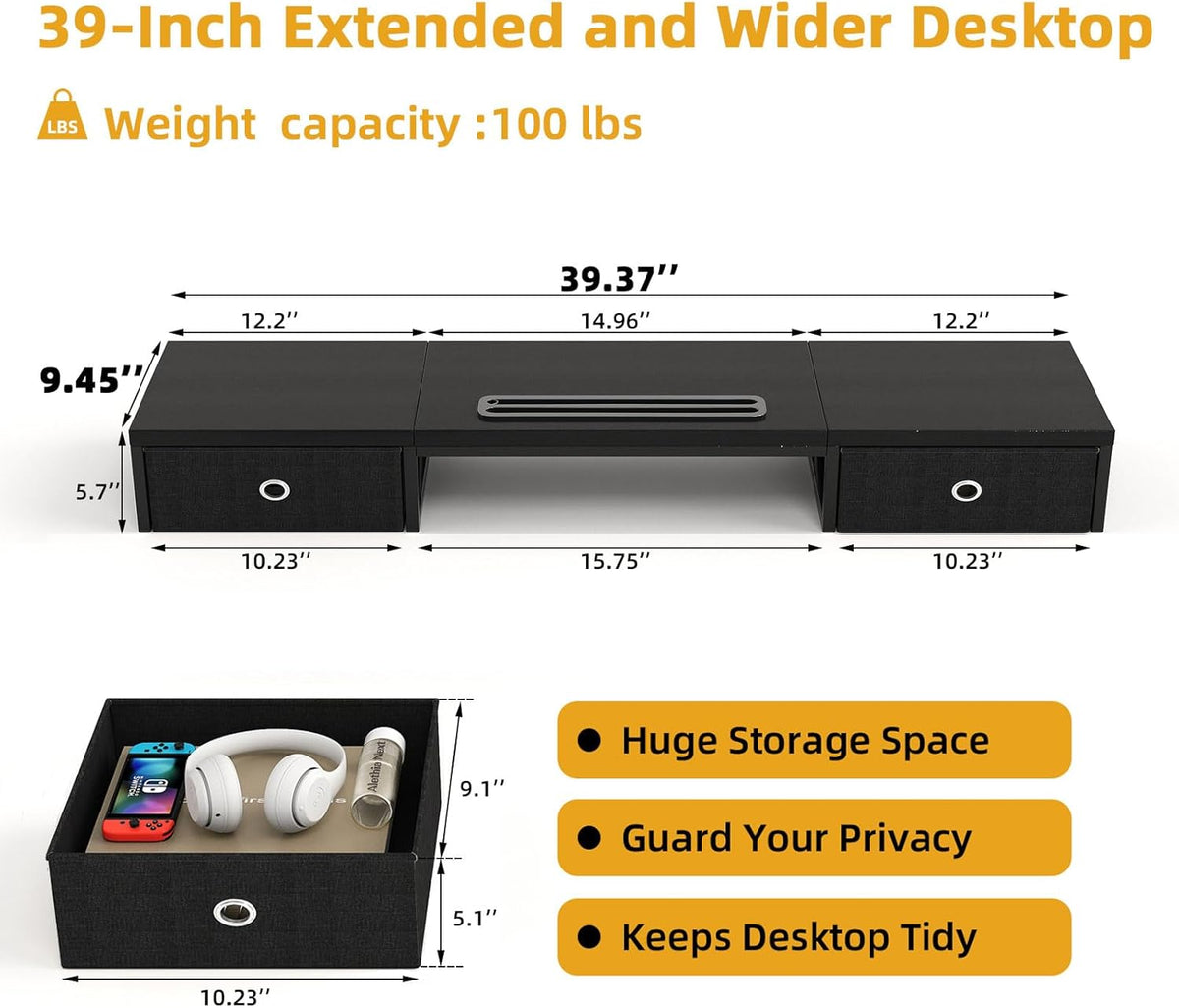39 Inch Dual Monitor Stand Riser with 2 Drawers - Large White Wooden Computer Stand for 2 Monitors, Ergonomic Desk Organizer with Phone Holder, Desktop Storage for Laptop, Office Supplies, Home Office