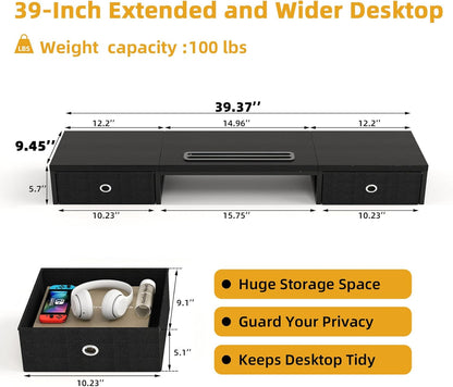 39 Inch Dual Monitor Stand Riser with 2 Drawers - Large White Wooden Computer Stand for 2 Monitors, Ergonomic Desk Organizer with Phone Holder, Desktop Storage for Laptop, Office Supplies, Home Office