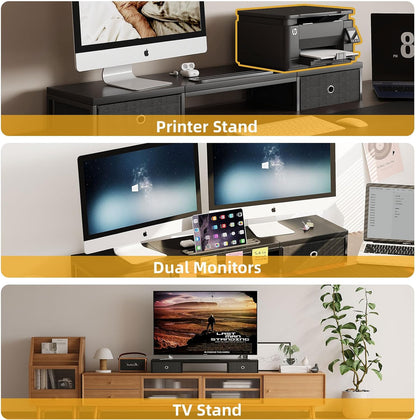 39 Inch Dual Monitor Stand Riser with 2 Drawers - Large White Wooden Computer Stand for 2 Monitors, Ergonomic Desk Organizer with Phone Holder, Desktop Storage for Laptop, Office Supplies, Home Office