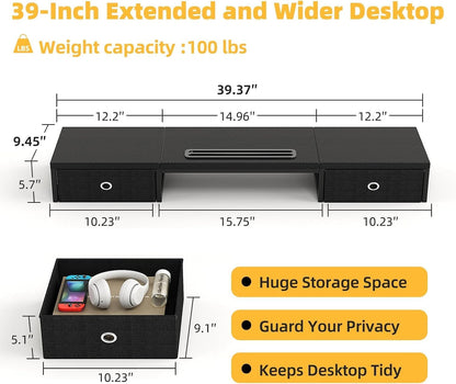 39 Inch Dual Monitor Stand Riser with 2 Drawers - Large White Wooden Computer Stand for 2 Monitors, Ergonomic Desk Organizer with Phone Holder, Desktop Storage for Laptop, Office Supplies, Home Office