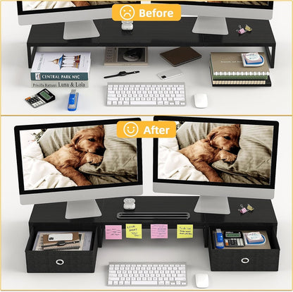 39 Inch Dual Monitor Stand Riser with 2 Drawers - Large White Wooden Computer Stand for 2 Monitors, Ergonomic Desk Organizer with Phone Holder, Desktop Storage for Laptop, Office Supplies, Home Office