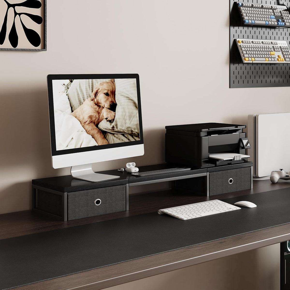 39 Inch Dual Monitor Stand Riser with 2 Drawers - Large White Wooden Computer Stand for 2 Monitors, Ergonomic Desk Organizer with Phone Holder, Desktop Storage for Laptop, Office Supplies, Home Office