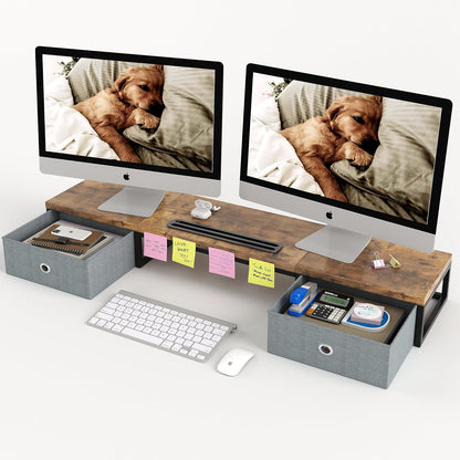 39 Inch Dual Monitor Stand Riser with 2 Drawers - Large White Wooden Computer Stand for 2 Monitors, Ergonomic Desk Organizer with Phone Holder, Desktop Storage for Laptop, Office Supplies, Home Office