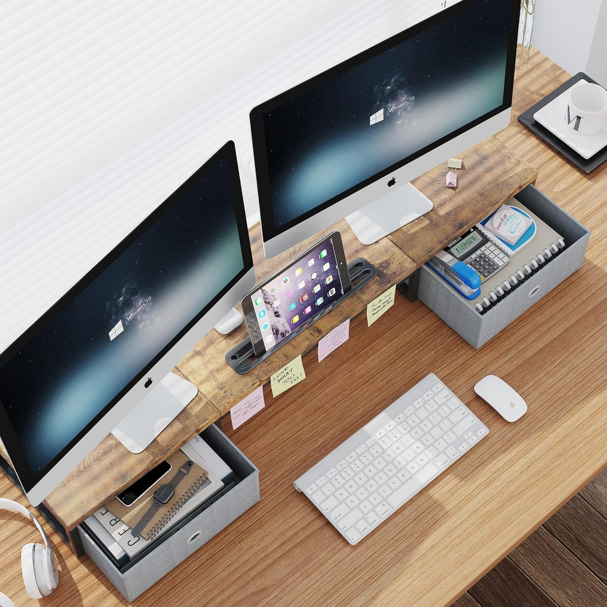 39 Inch Dual Monitor Stand Riser with 2 Drawers - Large White Wooden Computer Stand for 2 Monitors, Ergonomic Desk Organizer with Phone Holder, Desktop Storage for Laptop, Office Supplies, Home Office