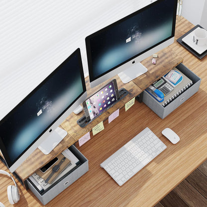 39 Inch Dual Monitor Stand Riser with 2 Drawers - Large White Wooden Computer Stand for 2 Monitors, Ergonomic Desk Organizer with Phone Holder, Desktop Storage for Laptop, Office Supplies, Home Office