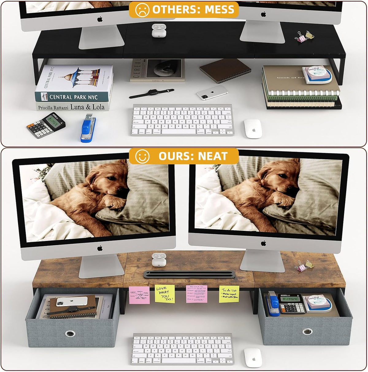 39 Inch Dual Monitor Stand Riser with 2 Drawers - Large White Wooden Computer Stand for 2 Monitors, Ergonomic Desk Organizer with Phone Holder, Desktop Storage for Laptop, Office Supplies, Home Office