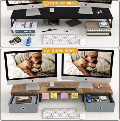 39 Inch Dual Monitor Stand Riser with 2 Drawers - Large White Wooden Computer Stand for 2 Monitors, Ergonomic Desk Organizer with Phone Holder, Desktop Storage for Laptop, Office Supplies, Home Office
