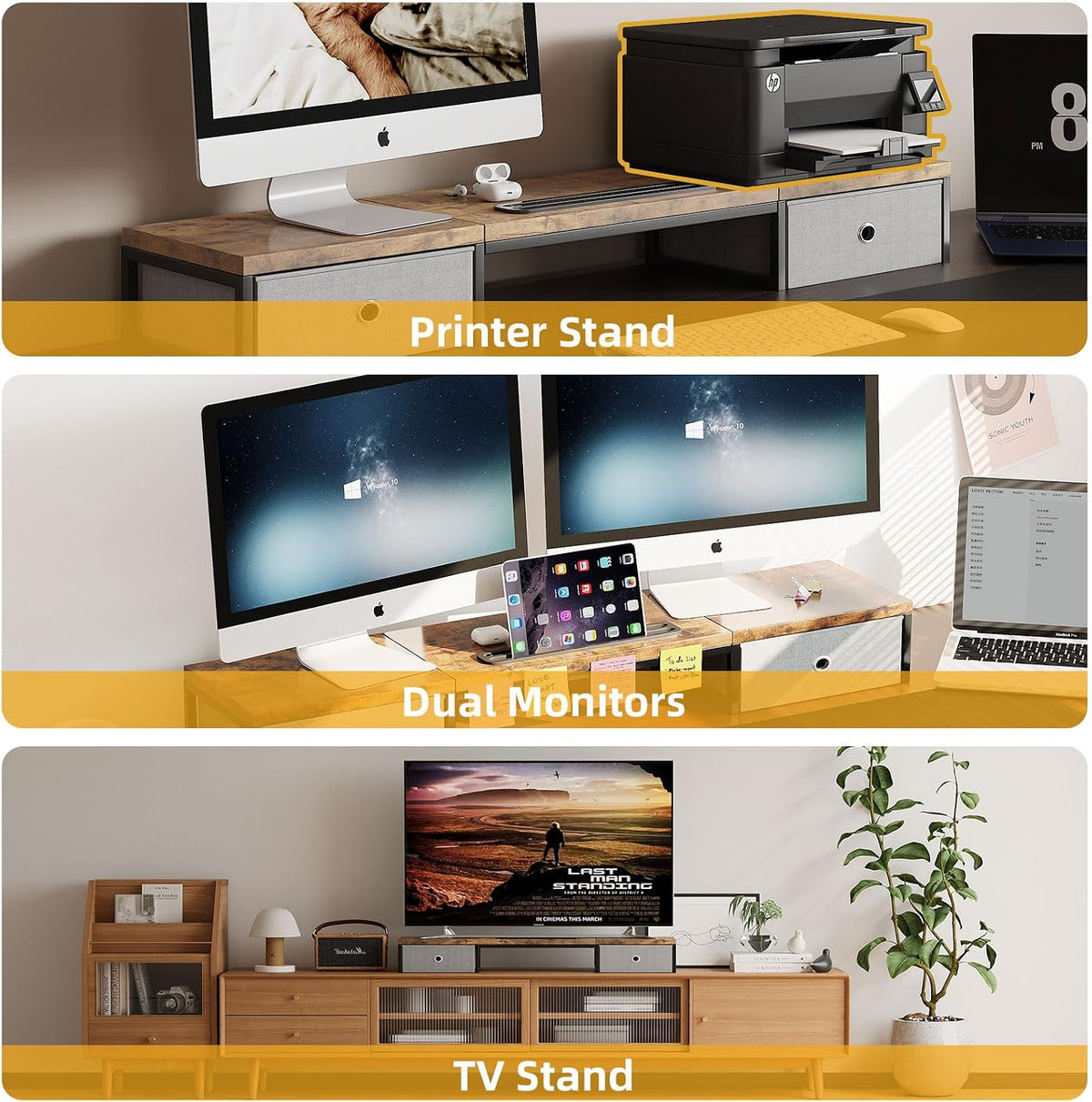 39 Inch Dual Monitor Stand Riser with 2 Drawers - Large White Wooden Computer Stand for 2 Monitors, Ergonomic Desk Organizer with Phone Holder, Desktop Storage for Laptop, Office Supplies, Home Office