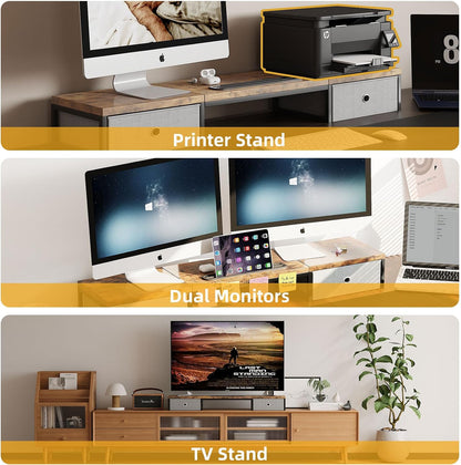 39 Inch Dual Monitor Stand Riser with 2 Drawers - Large White Wooden Computer Stand for 2 Monitors, Ergonomic Desk Organizer with Phone Holder, Desktop Storage for Laptop, Office Supplies, Home Office