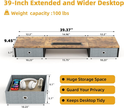 39 Inch Dual Monitor Stand Riser with 2 Drawers - Large White Wooden Computer Stand for 2 Monitors, Ergonomic Desk Organizer with Phone Holder, Desktop Storage for Laptop, Office Supplies, Home Office