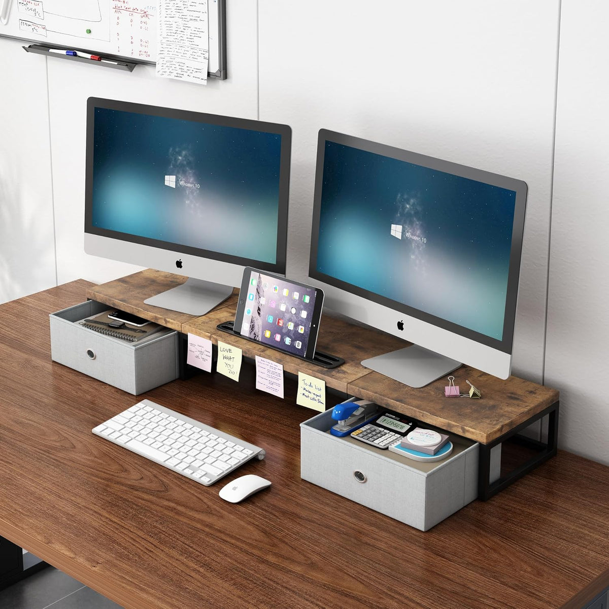 39 Inch Dual Monitor Stand Riser with 2 Drawers - Large White Wooden Computer Stand for 2 Monitors, Ergonomic Desk Organizer with Phone Holder, Desktop Storage for Laptop, Office Supplies, Home Office