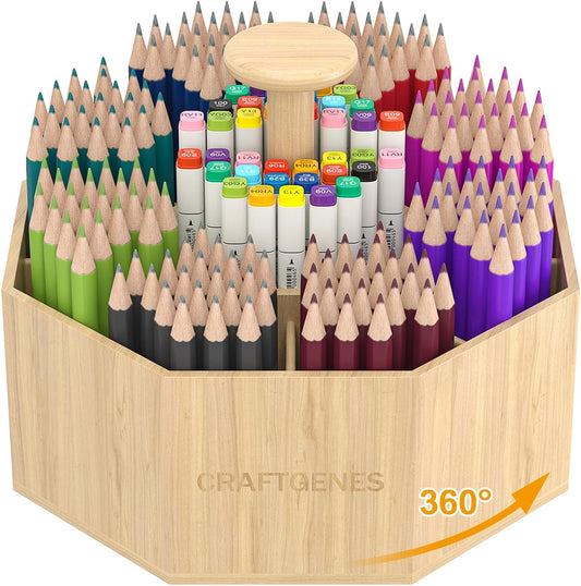 CraftGenes Bamboo Rotating Pen Organizer for Desk with 10 Compartments