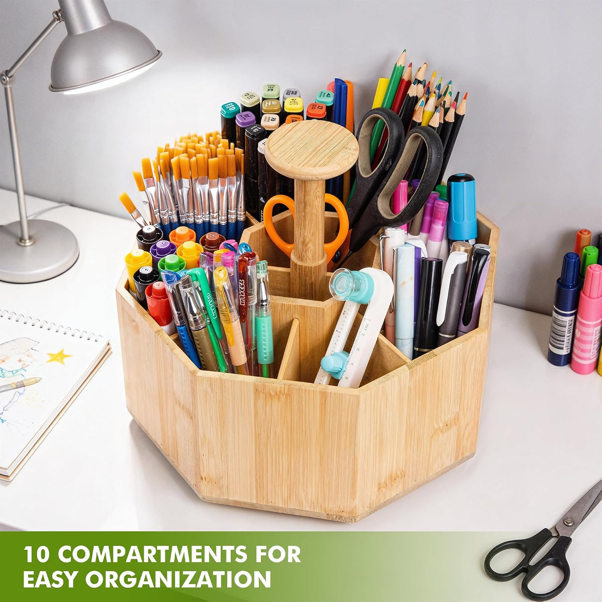 CraftGenes Bamboo Rotating Pen Organizer for Desk with 10 Compartments