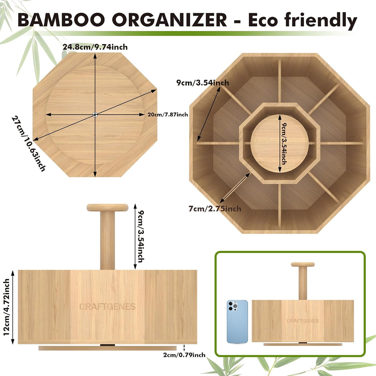 CraftGenes Bamboo Rotating Pen Organizer for Desk with 10 Compartments
