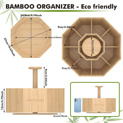 CraftGenes Bamboo Rotating Pen Organizer for Desk with 10 Compartments