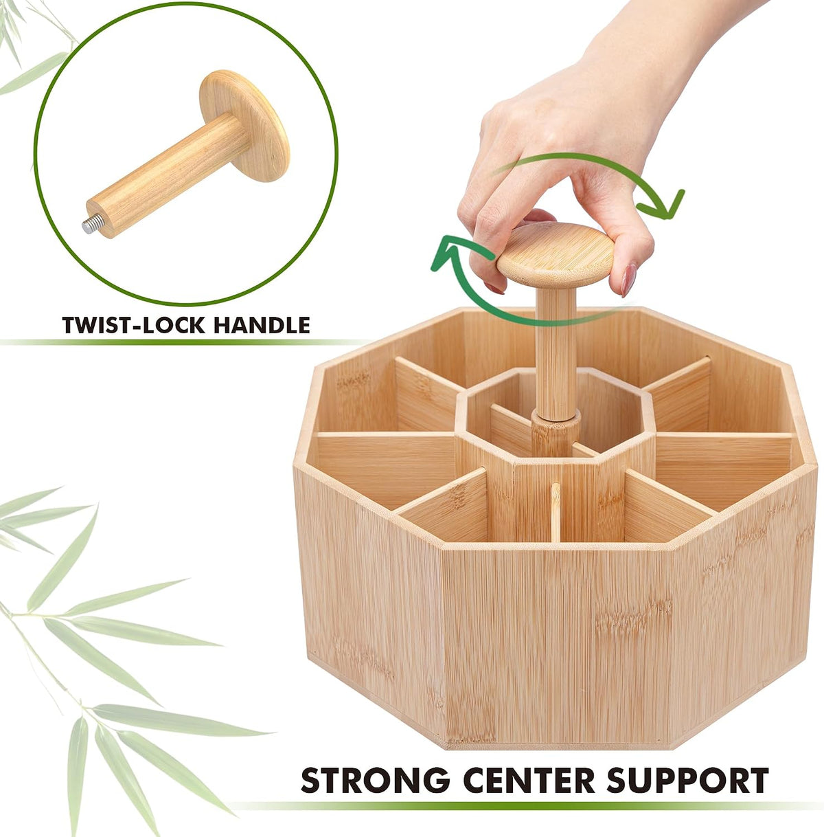 CraftGenes Bamboo Rotating Pen Organizer for Desk with 10 Compartments