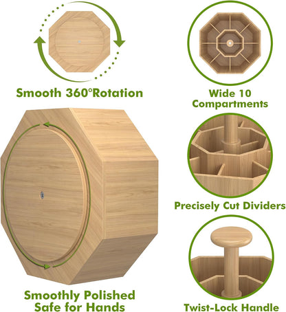 CraftGenes Bamboo Rotating Pen Organizer for Desk with 10 Compartments