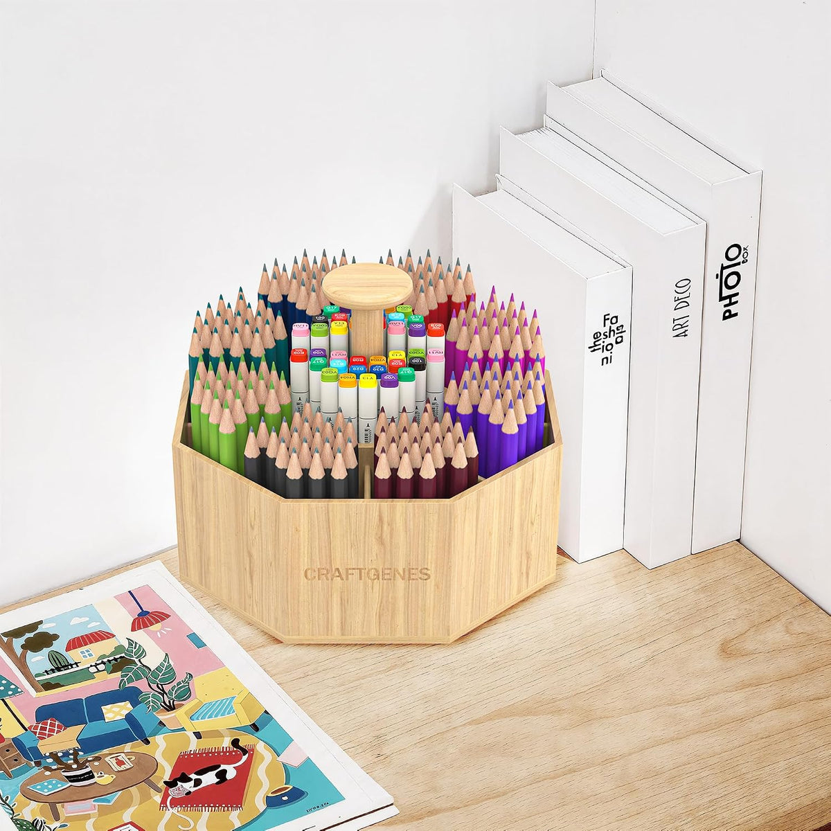 CraftGenes Bamboo Rotating Pen Organizer for Desk with 10 Compartments