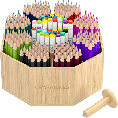 CraftGenes Bamboo Rotating Pen Organizer for Desk with 10 Compartments