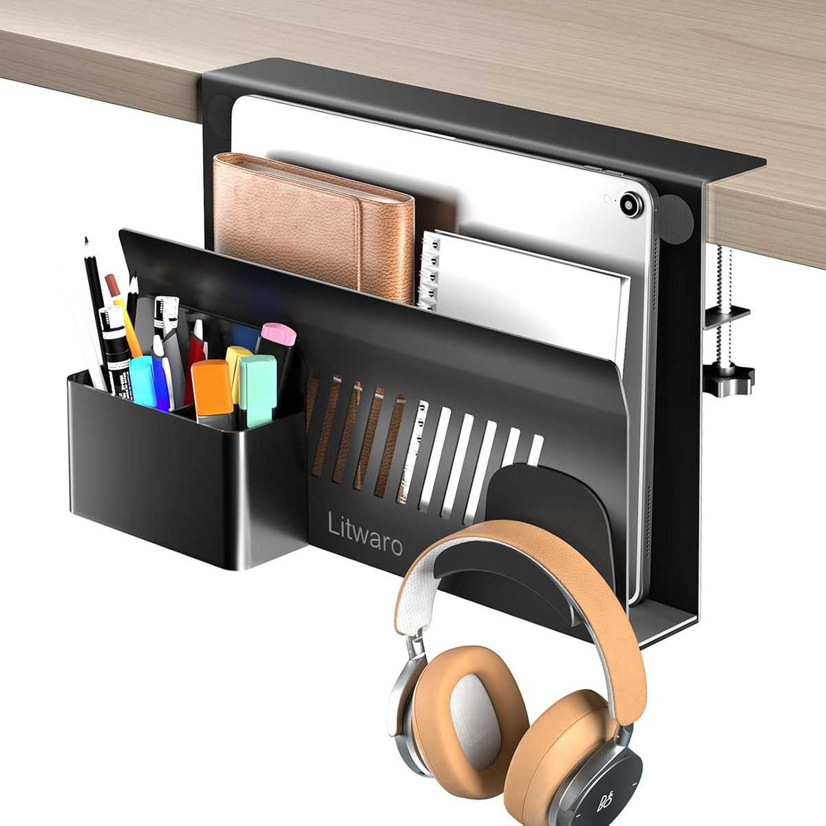 Desk Side Storage, No Drill Laptop Holder with Magnetic Pen Holder, Clamp on Laptop Mount with Sticky Headphone Stand, Hanging Organizer for Office, Fits Flat Table Edge 0.4" to 2" (Black)