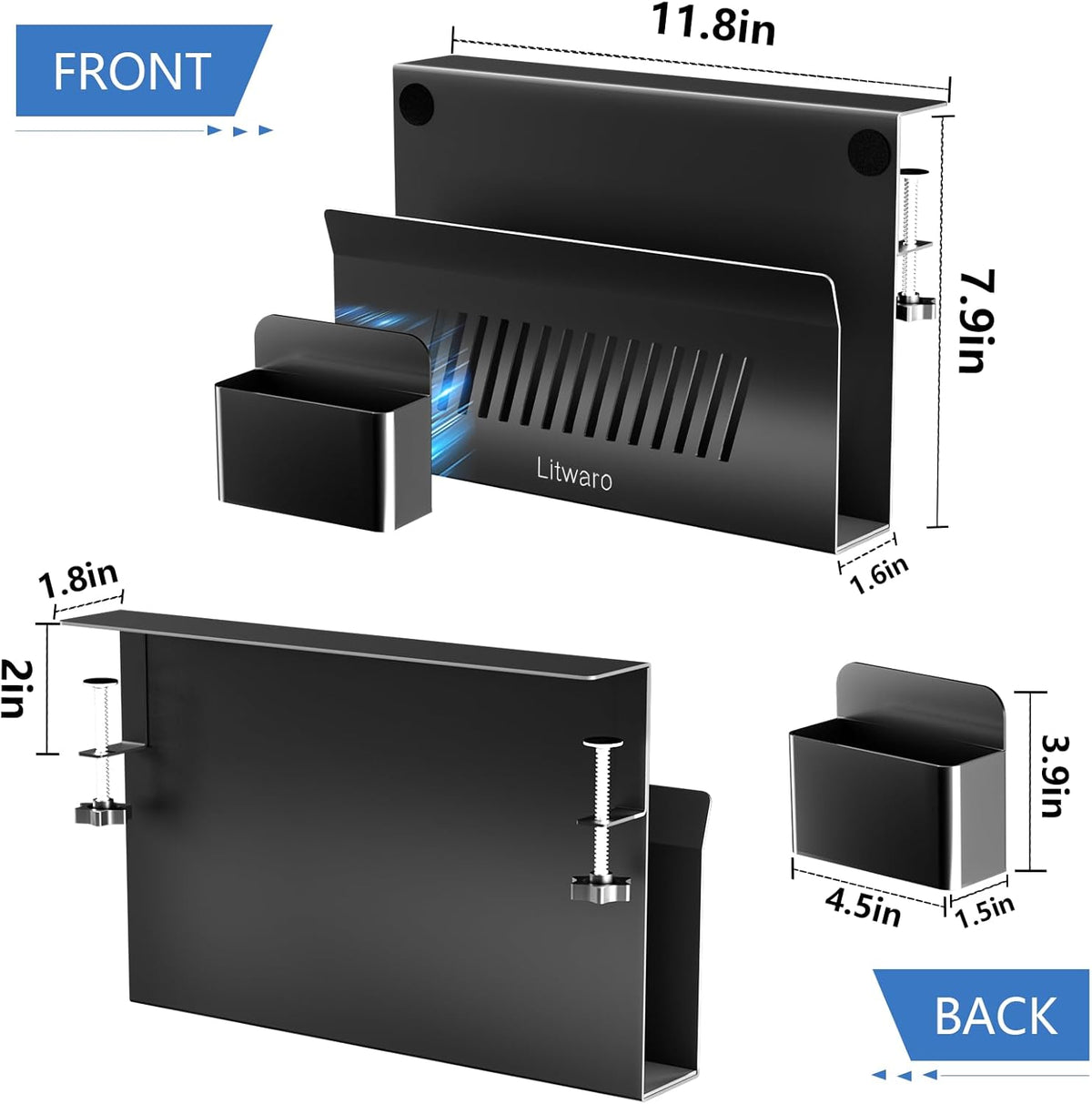 Desk Side Storage, No Drill Laptop Holder with Magnetic Pen Holder, Clamp on Laptop Mount with Sticky Headphone Stand, Hanging Organizer for Office, Fits Flat Table Edge 0.4" to 2" (Black)