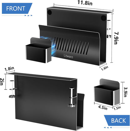 Desk Side Storage, No Drill Laptop Holder with Magnetic Pen Holder, Clamp on Laptop Mount with Sticky Headphone Stand, Hanging Organizer for Office, Fits Flat Table Edge 0.4" to 2" (Black)