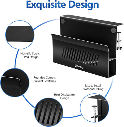 Desk Side Storage, No Drill Laptop Holder with Magnetic Pen Holder, Clamp on Laptop Mount with Sticky Headphone Stand, Hanging Organizer for Office, Fits Flat Table Edge 0.4" to 2" (Black)