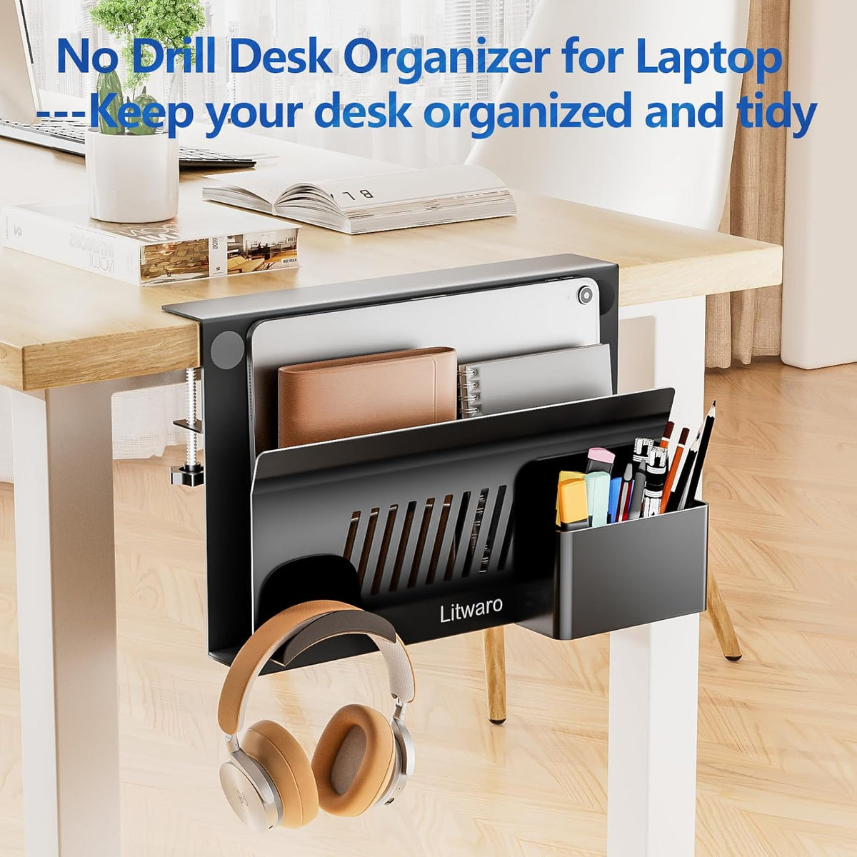 Desk Side Storage, No Drill Laptop Holder with Magnetic Pen Holder, Clamp on Laptop Mount with Sticky Headphone Stand, Hanging Organizer for Office, Fits Flat Table Edge 0.4" to 2" (Black)