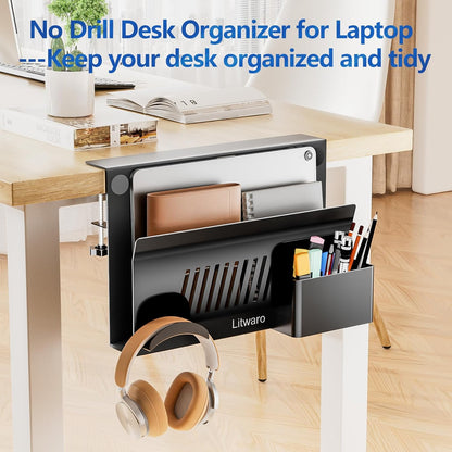 Desk Side Storage, No Drill Laptop Holder with Magnetic Pen Holder, Clamp on Laptop Mount with Sticky Headphone Stand, Hanging Organizer for Office, Fits Flat Table Edge 0.4" to 2" (Black)