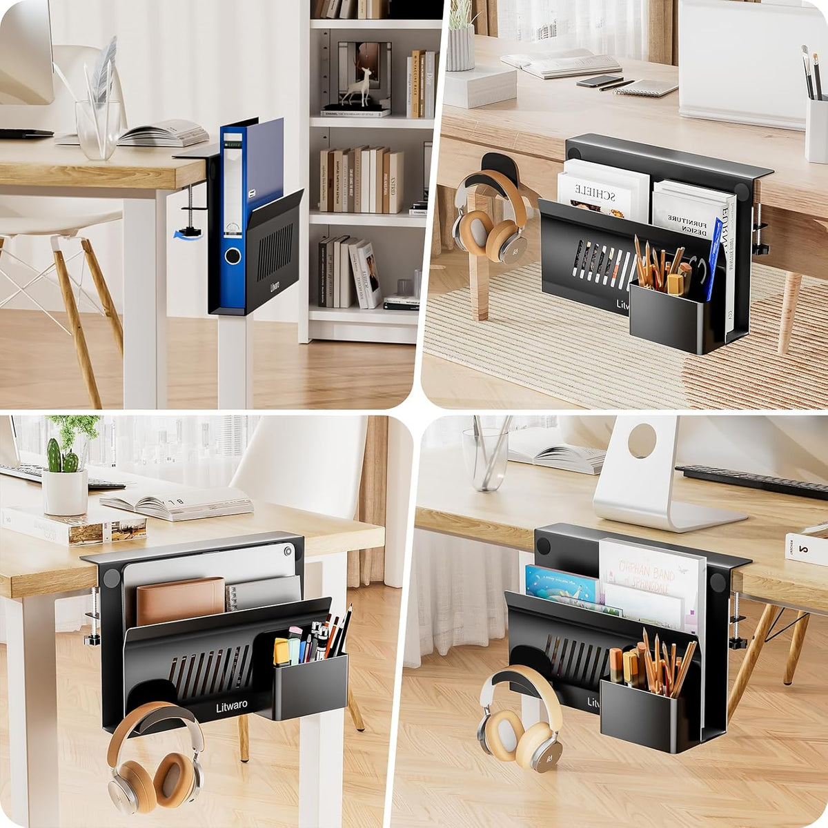 Desk Side Storage, No Drill Laptop Holder with Magnetic Pen Holder, Clamp on Laptop Mount with Sticky Headphone Stand, Hanging Organizer for Office, Fits Flat Table Edge 0.4" to 2" (Black)