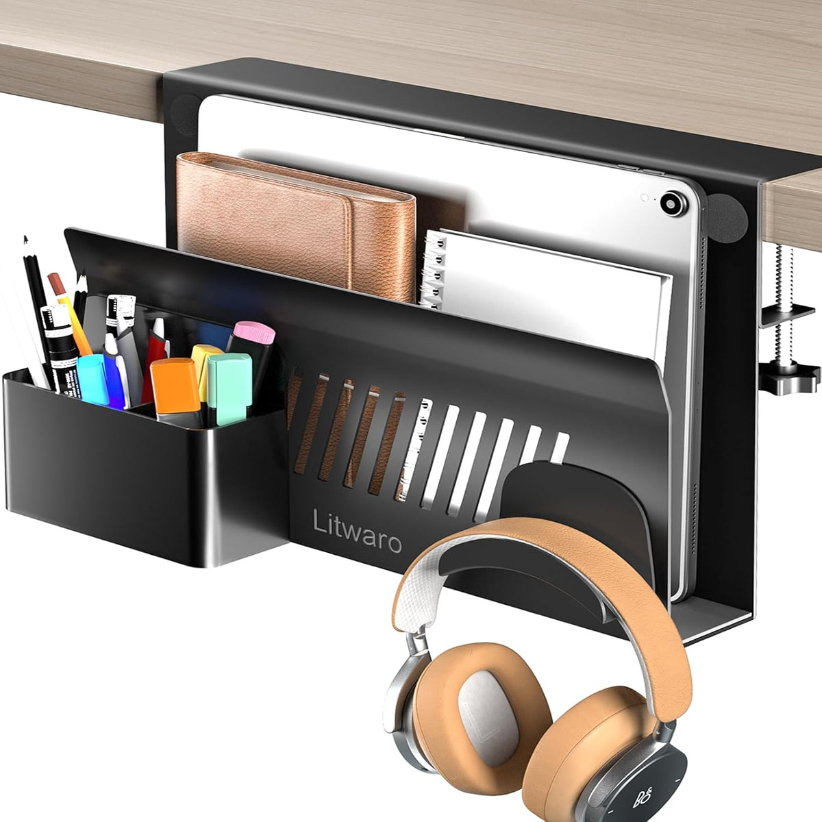 Desk Side Storage, No Drill Laptop Holder with Magnetic Pen Holder, Clamp on Laptop Mount with Sticky Headphone Stand, Hanging Organizer for Office, Fits Flat Table Edge 0.4" to 2" (Black)