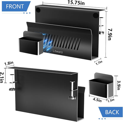 Desk Side Storage, No Drill Laptop Holder with Magnetic Pen Holder, Clamp on Laptop Mount with Sticky Headphone Stand, Hanging Organizer for Office, Fits Flat Table Edge 0.4" to 2" (Black)