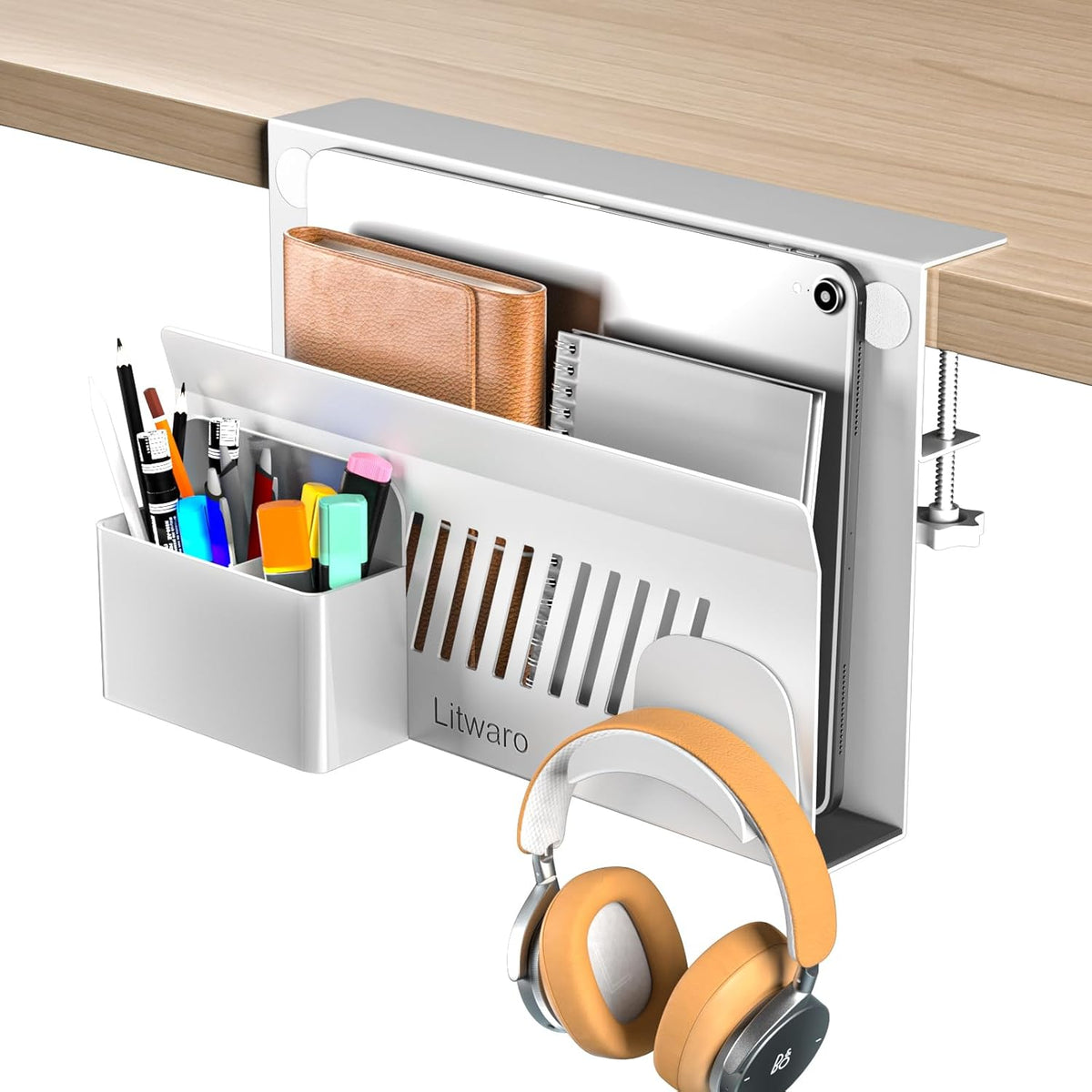 Desk Side Storage, No Drill Laptop Holder with Magnetic Pen Holder, Clamp on Laptop Mount with Sticky Headphone Stand, Hanging Organizer for Office, Fits Flat Table Edge 0.4" to 2" (Black)