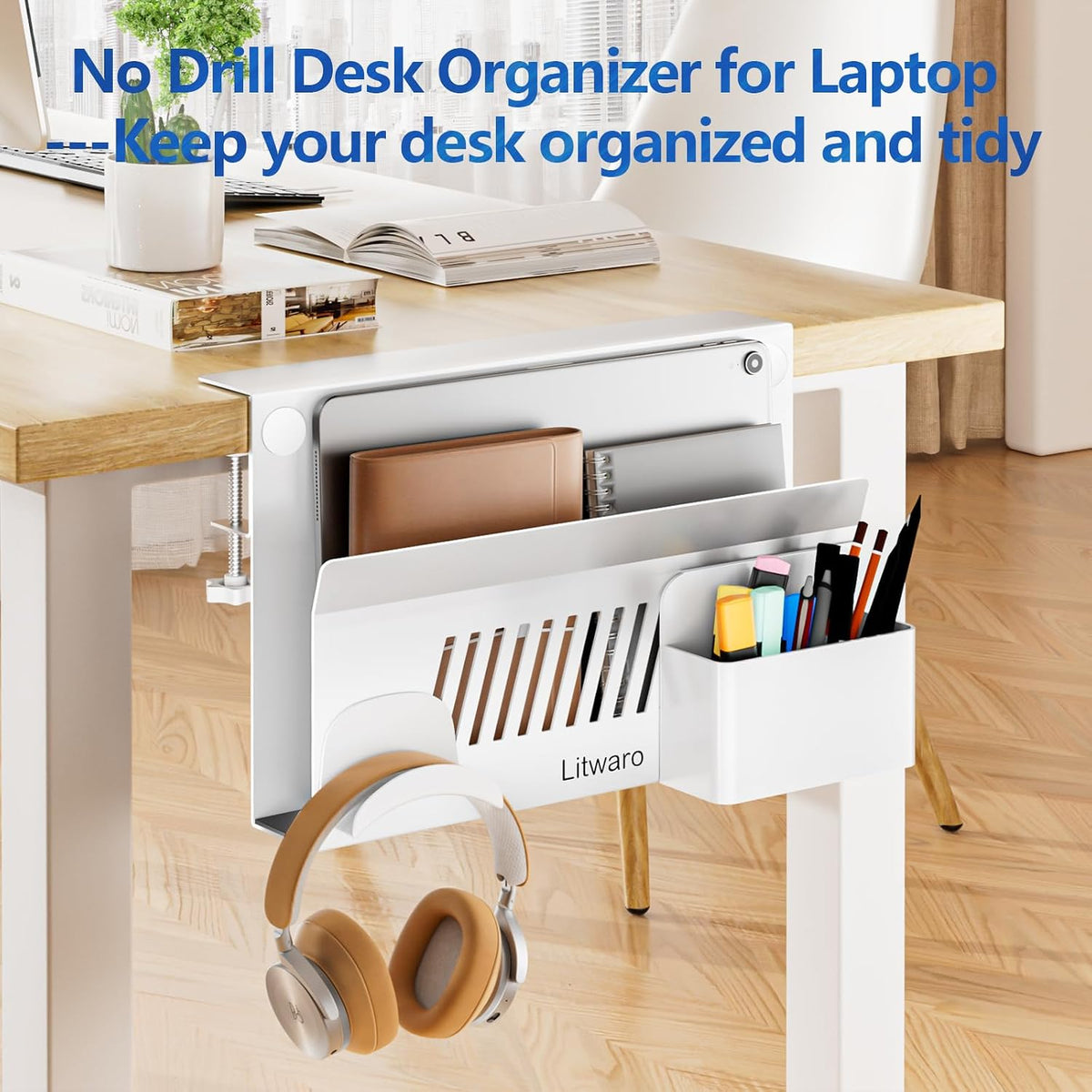 Desk Side Storage, No Drill Laptop Holder with Magnetic Pen Holder, Clamp on Laptop Mount with Sticky Headphone Stand, Hanging Organizer for Office, Fits Flat Table Edge 0.4" to 2" (Black)
