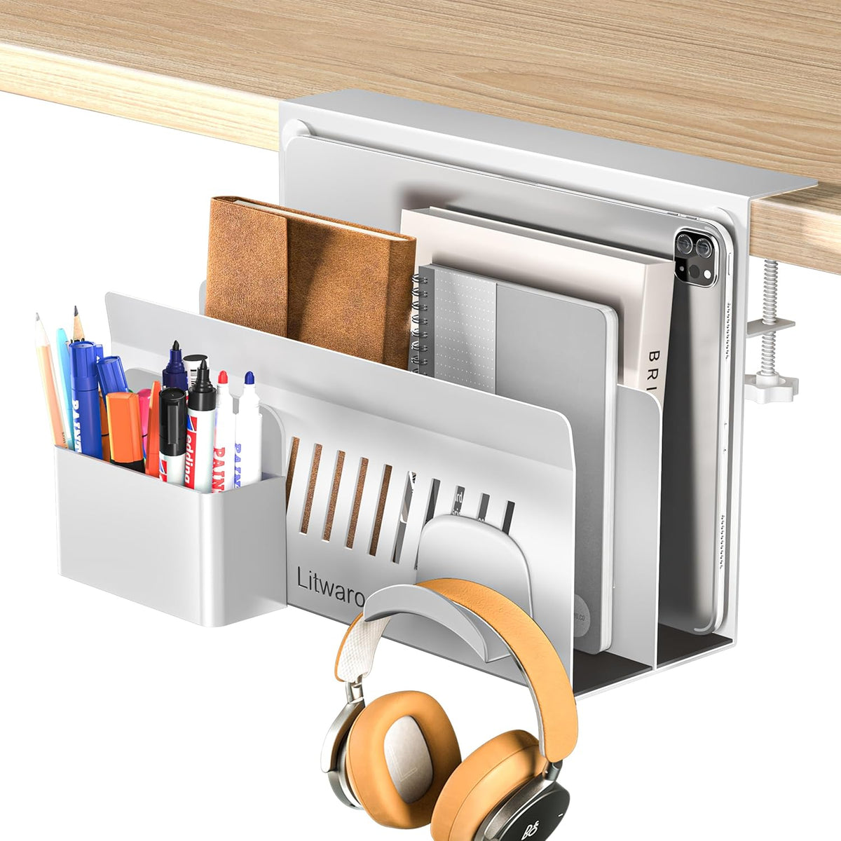 Desk Side Storage, No Drill Laptop Holder with Magnetic Pen Holder, Clamp on Laptop Mount with Sticky Headphone Stand, Hanging Organizer for Office, Fits Flat Table Edge 0.4" to 2" (Black)